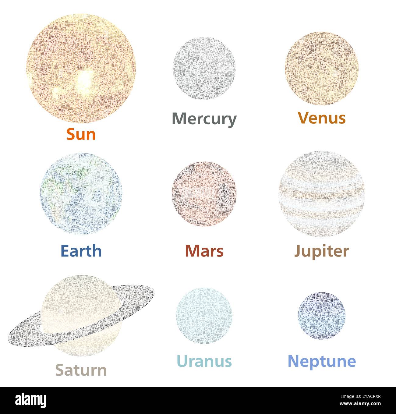 Le Soleil et les planètes du système solaire : Mercure, Vénus, Terre, mars, Jupiter, Saturne, Uranus et Neptune. Illustrations réalisées avec des textures pointillées. VE Illustration de Vecteur