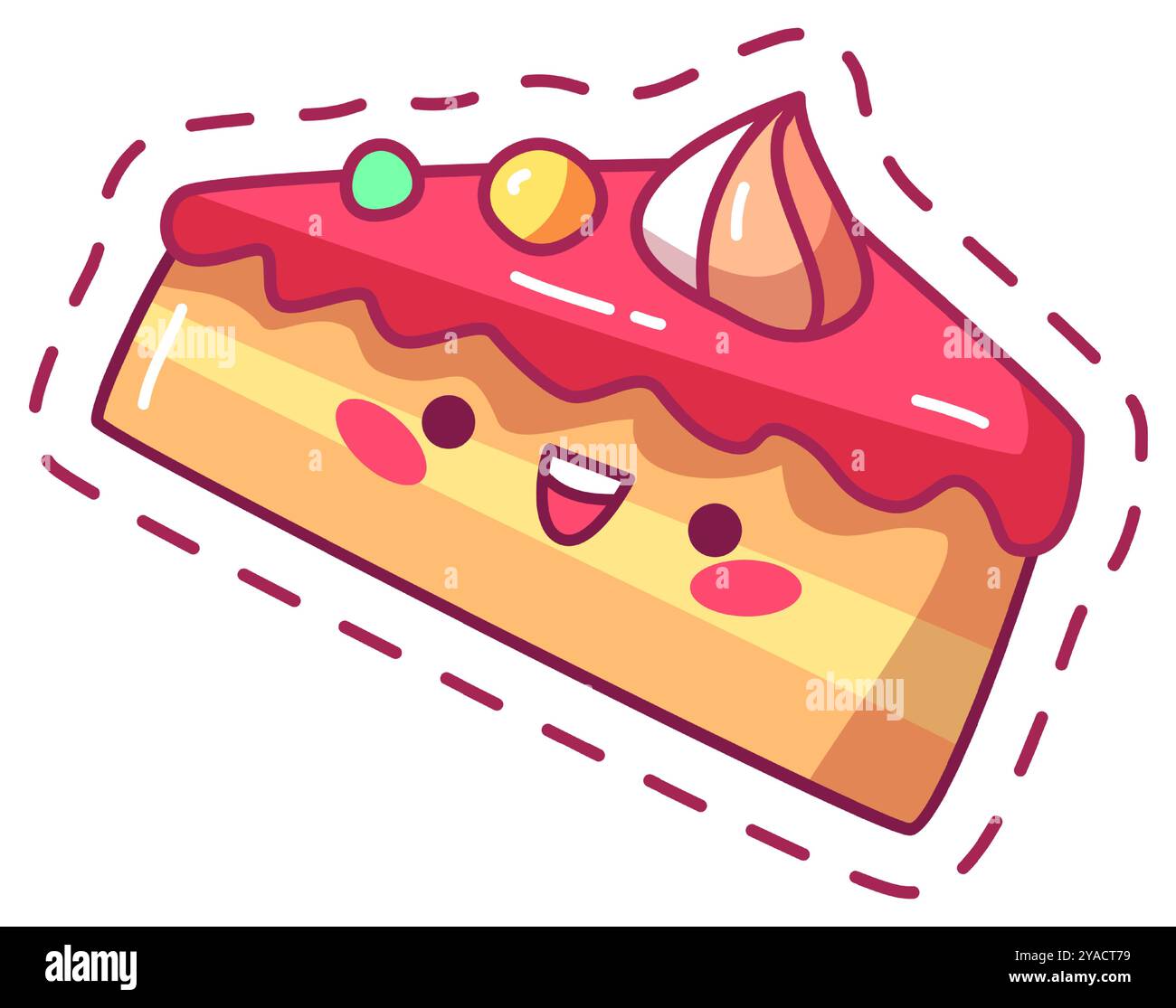 Une tranche de gâteau joyeuse apparaît avec un visage heureux couleurs vives et garnitures ludiques. Ce délicieux dessert émane de la joie et du charme parfait pour tous Illustration de Vecteur