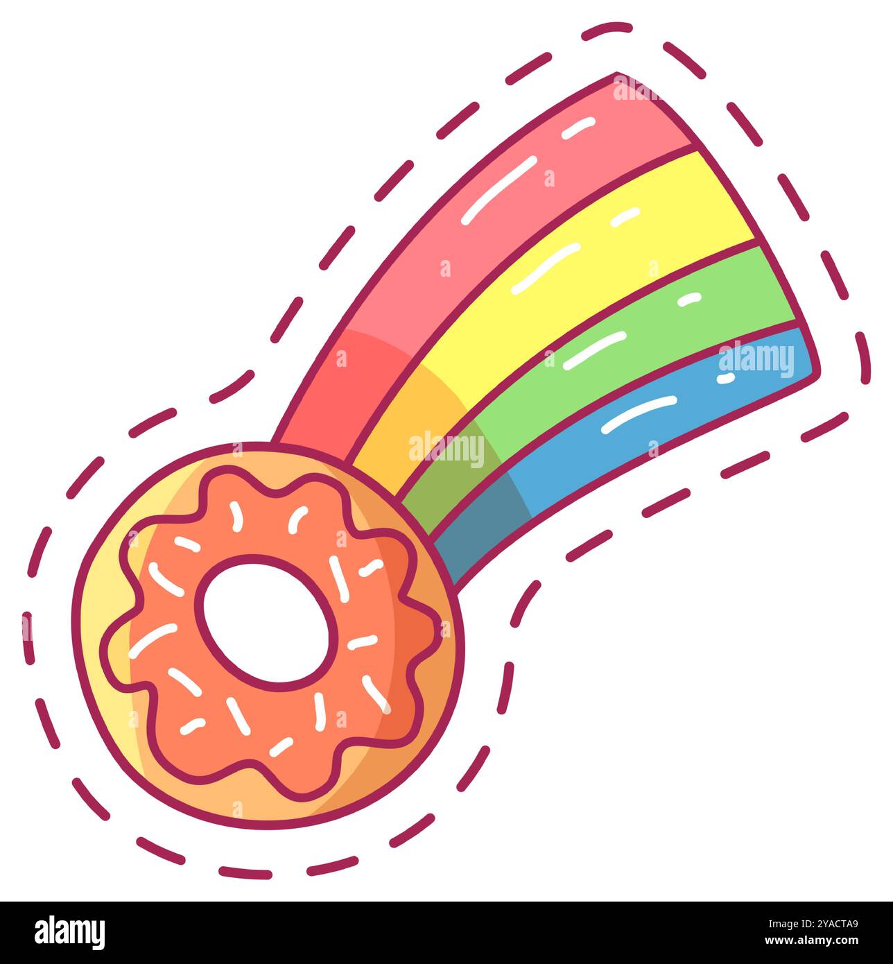 Un beignet fantaisiste avec des saupoudrages colorés est relié à un arc-en-ciel vibrant créant une atmosphère amusante et joyeuse. L'illustration présente une couleur vive Illustration de Vecteur