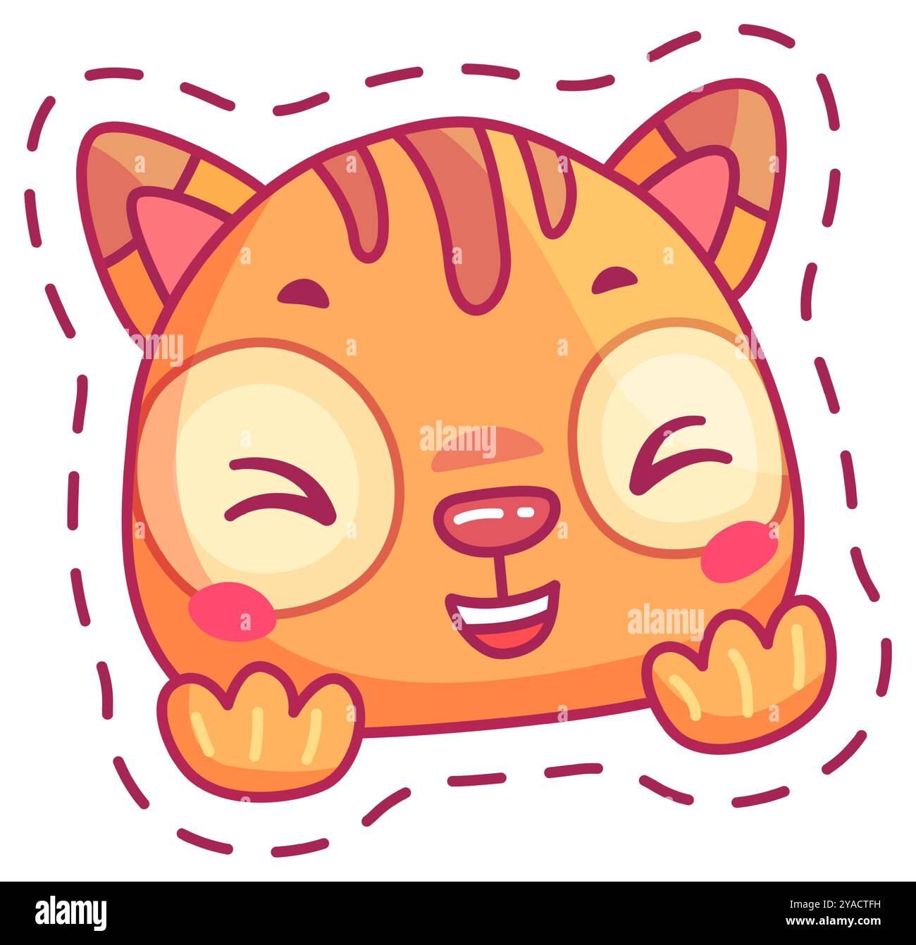 Un personnage de chat de dessin animé joyeux avec de grands yeux ronds et un sourire joyeux dispose d'une couleur orange vif et de simples éléments de conception pétillante qui transmettent Illustration de Vecteur