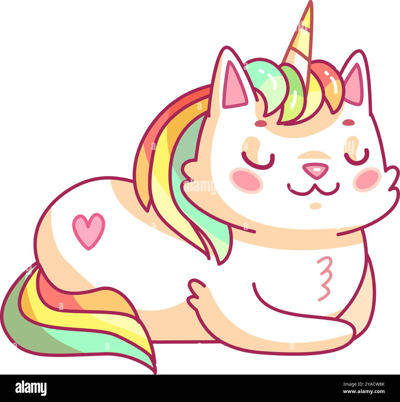 Cette adorable créature mélange les traits d'un chat et d'une licorne arborant une crinière arc-en-ciel vibrante et des couleurs pastel. Il a l'air joyeux et content tout en Illustration de Vecteur