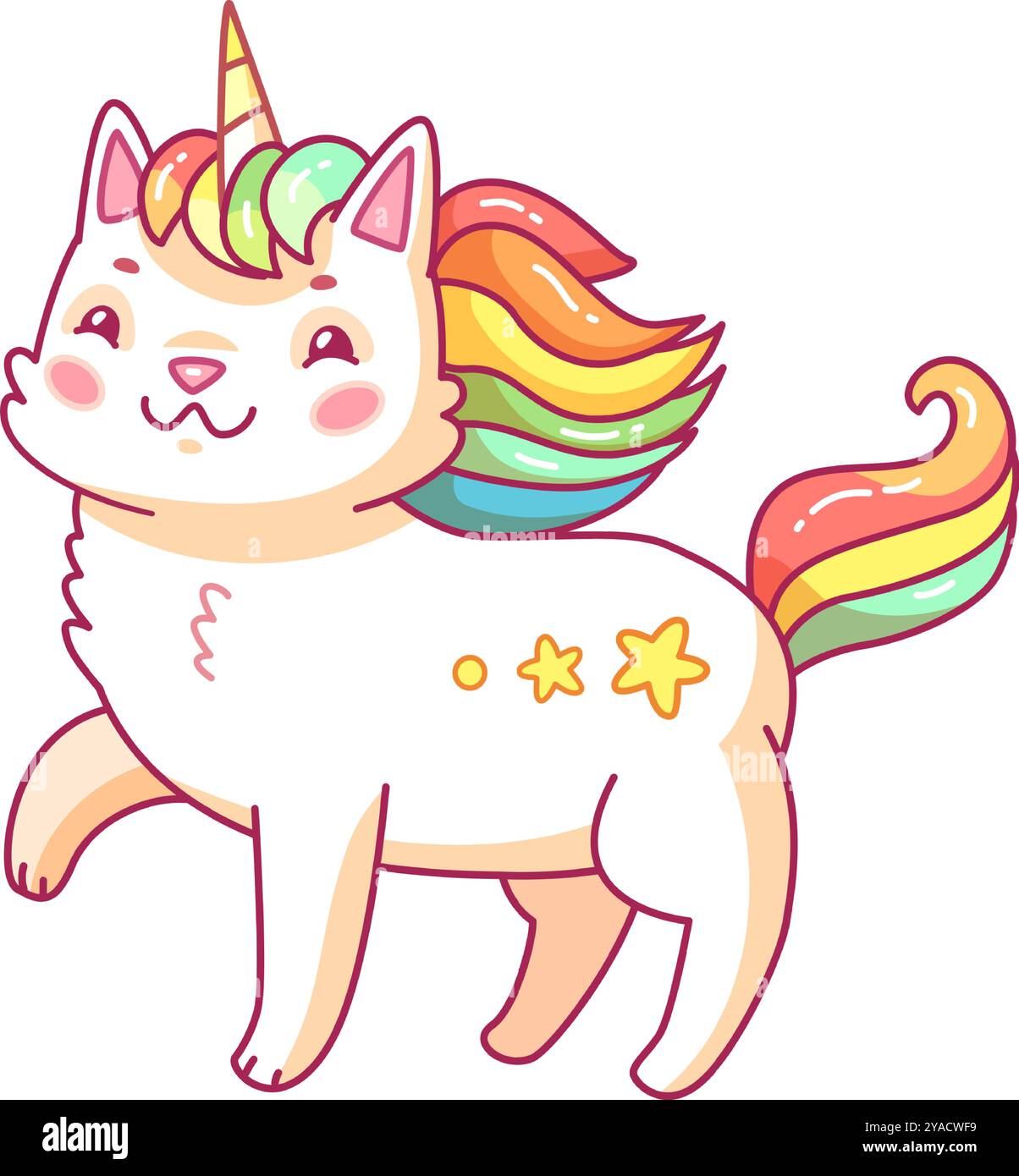 Un charmant dessin animé présente un chat licorne avec une crinière arc-en-ciel vibrante mettant en valeur une expression joyeuse et des motifs étoiles amusants sur son côté. Ceci Illustration de Vecteur