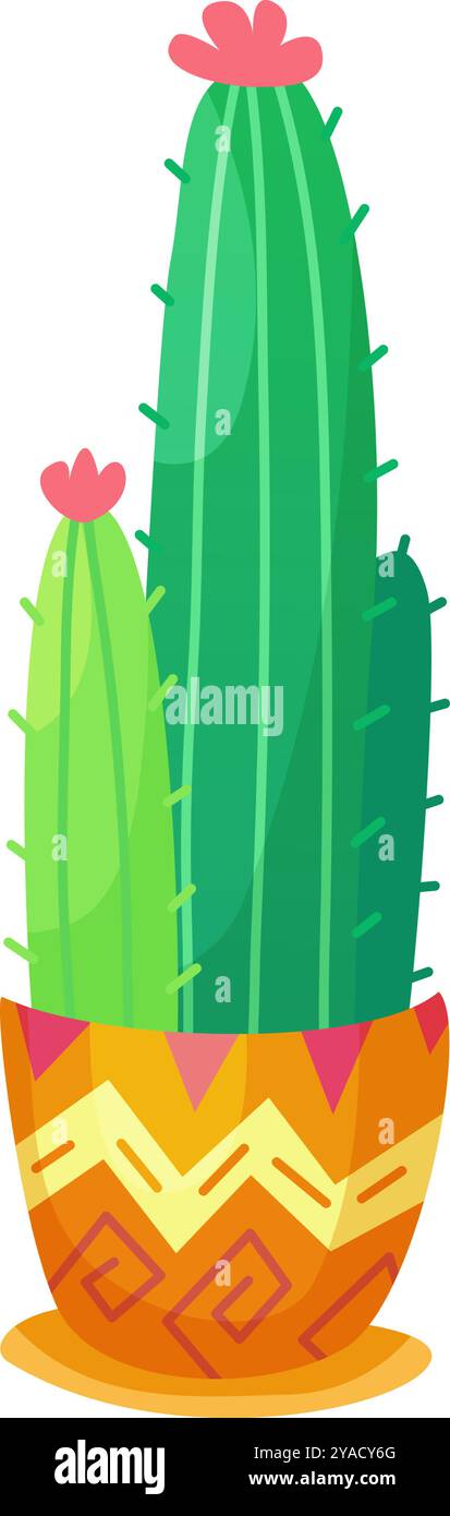 Une illustration joyeuse représente deux cactus verts dans un pot décoratif avec des motifs vibrants. Les cactus sont sains et bien façonnés ajoutant un vif Illustration de Vecteur