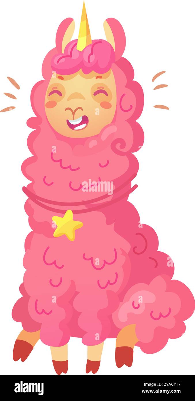 Un lama rose joyeux avec une corne licorne poutres avec bonheur orné d'une étoile mettant en valeur un style de dessin animé ludique et fantaisiste dans des couleurs vives Illustration de Vecteur