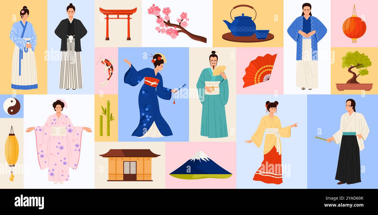 Un collage coloré soulignant la beauté de la tenue traditionnelle japonaise, sa riche culture et l'illustration vectorielle de symboles emblématiques. Représente l'identité nationale japonaise. Illustration de Vecteur