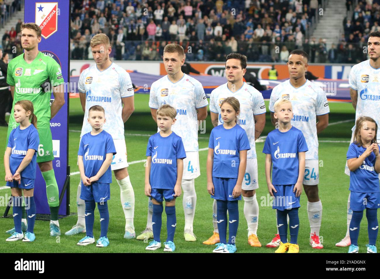 Saint-Pétersbourg, Russie. 12 octobre 2024. Denis Adamov (l), Dmitri Chistyakov (2L), Yuri Gorshkov (3L), Artur Victor Guimaraes, connu sous le nom d'Artur (9), Pedro Henrique Silva dos Santos, connu sous le nom de Pedro (24) de Zenit vu lors du match de football Winline Super Series entre Zenit Saint-Pétersbourg et Voïvodine Serbie à Gazprom Arena. Score final ; Zenit 4:1 Voïvodine. (Photo de Maksim Konstantinov/SOPA images/SIPA USA) crédit : SIPA USA/Alamy Live News Banque D'Images