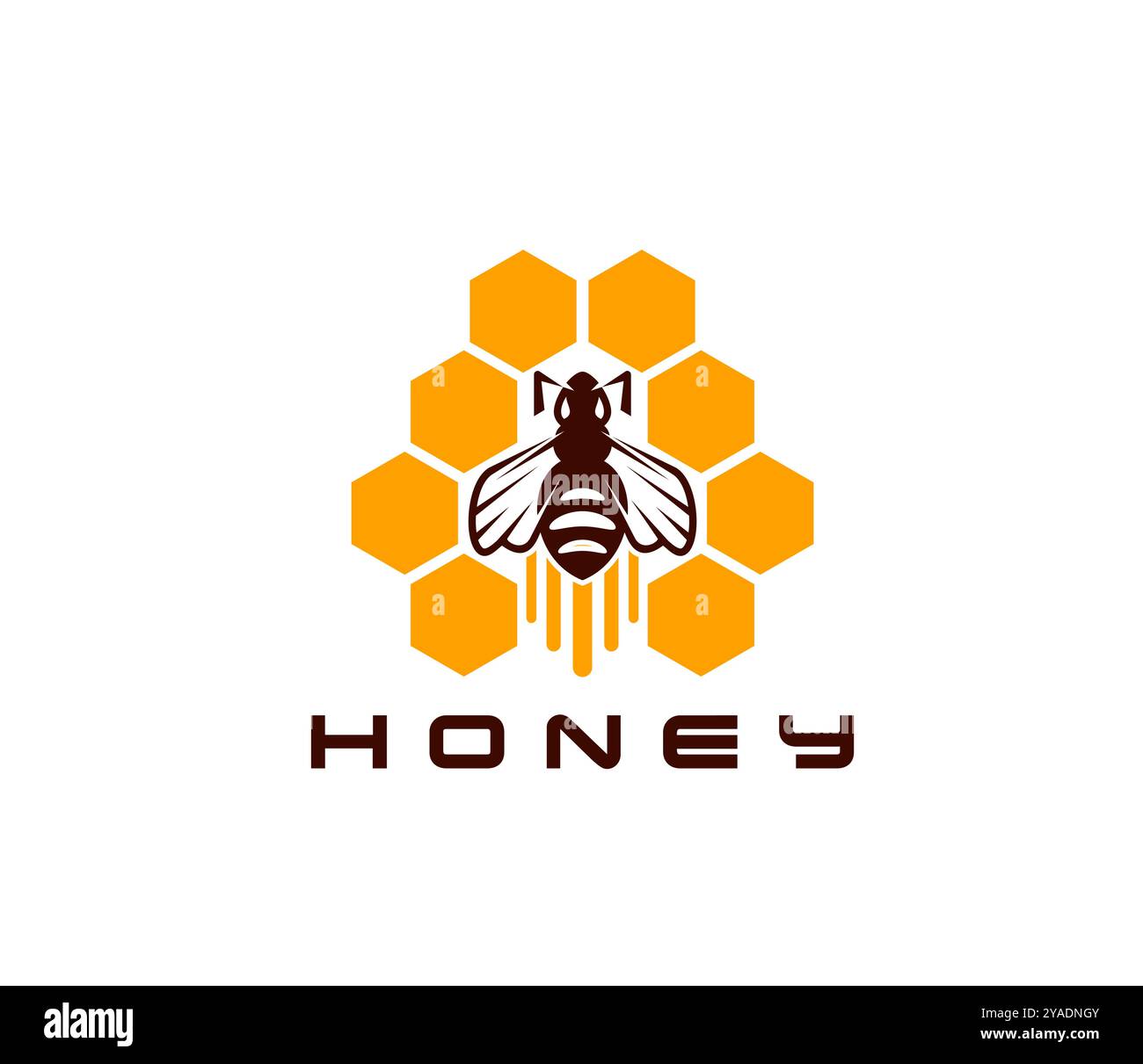 Icône d'abeille, emblème d'apiculture et de produits de rucher. Étiquette vectorielle isolée ou badge avec abeille stylisée dans des peignes hexagonaux jaunes avec des gouttes de miel et une typographie brun gras ci-dessous Illustration de Vecteur