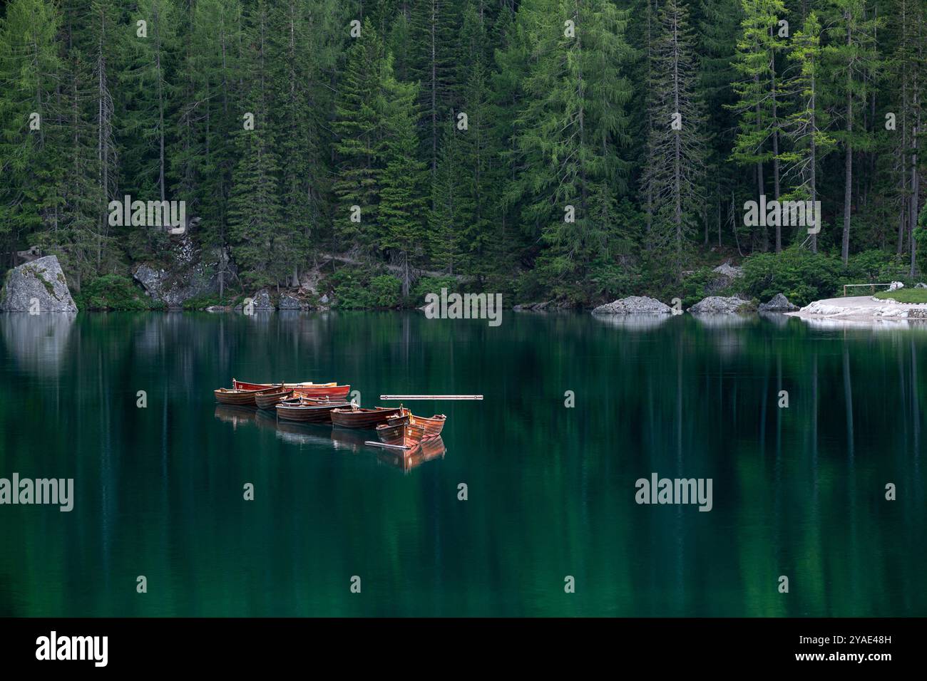 Bateaux en bois flottant sur les eaux d'émeraude au cœur de Pragser Wildsee Banque D'Images