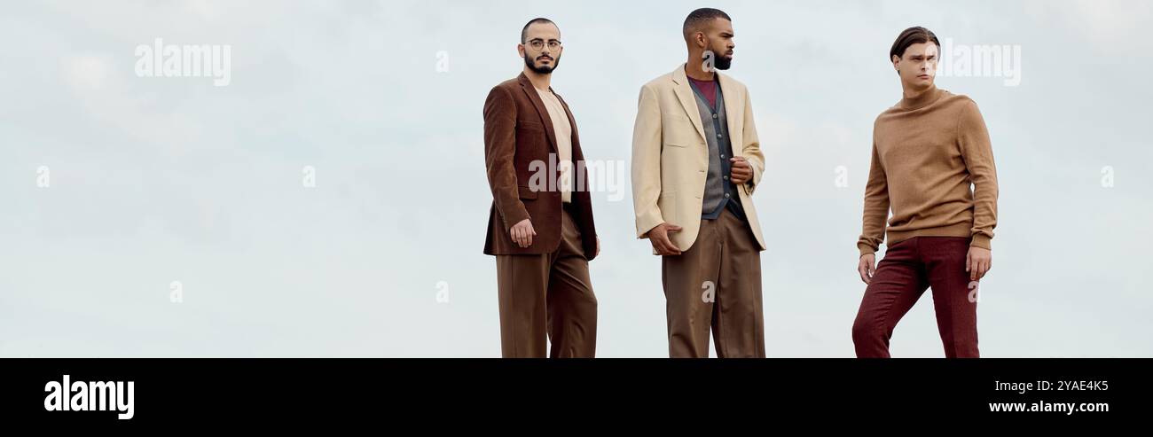 Beaux hommes habillés dans des vêtements d'automne à la mode se tiennent avec confiance dans un champ tranquille entouré par la nature. Banque D'Images