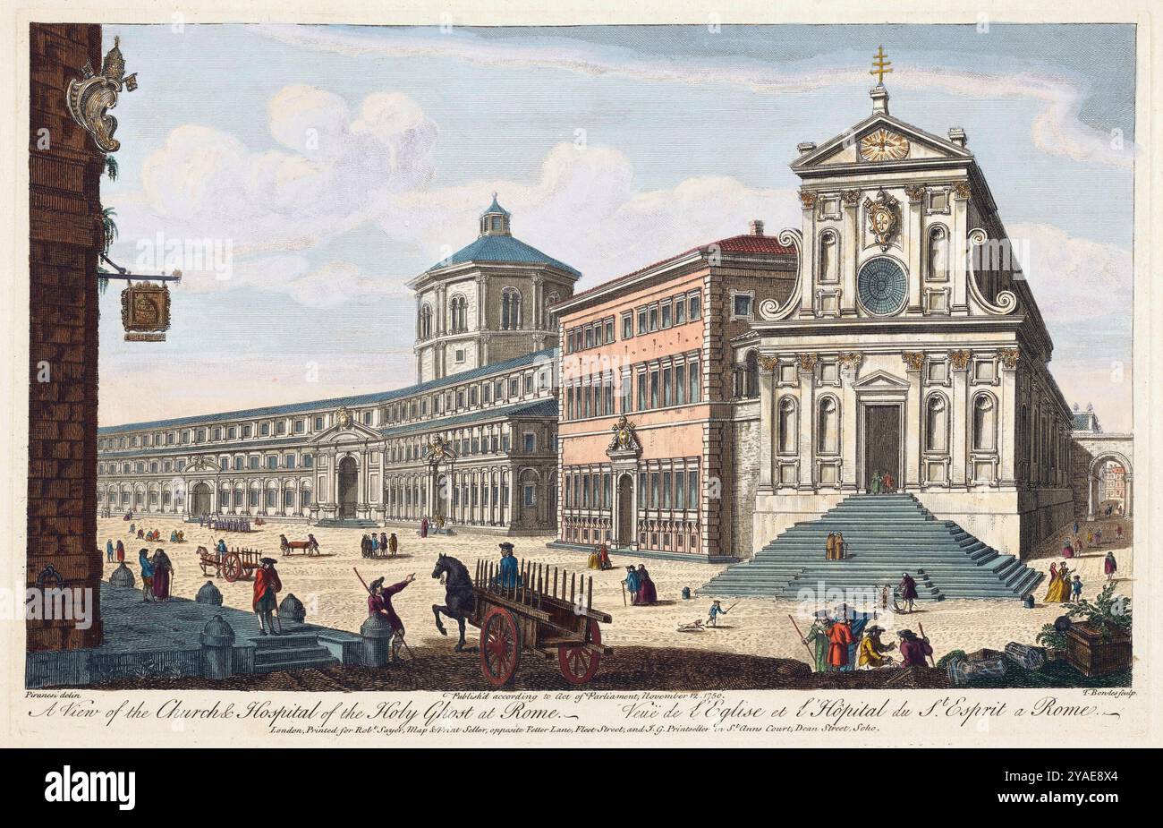 Une impression en couleur gravant Une vue de l'église et de l'hôpital du Saint-esprit Rome Italie Éditeur Robert Sayer imprimé par Henry Overton horizon du XVIIIe siècle et perspective historique du paysage urbain gravure aquarelle ancienne impression antique 1750 Banque D'Images