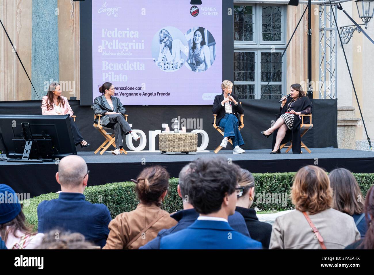 Carolina Vergnano, Benedetta Pilato, Federica Pellegrini e Angela Frenda durante alcuni momenti durante l'evento benefico &#x201c;il coraggio di&#x2026;&#x201d ; Organizato da Women in Coffe, il progetto solidale di Caff&#xe8 ; Vergnano Lapresso Villa della Regina a Torino, Italia - Cronaca - Domenica 13 Ottobre 2024 Ottobre Organisé par Women in Coffee, Caff&#xe8 ; projet solidaire de Vergnano à la Villa della Regina Banque D'Images