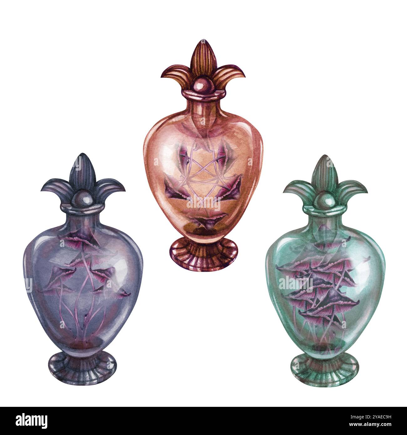 Bouteilles vintage en verre transparent avec des champignons toxiques Toadstools. Modèle d'illustration d'aquarelle pour les potions magiques de sorcière, alchimie, Halloween, m Banque D'Images