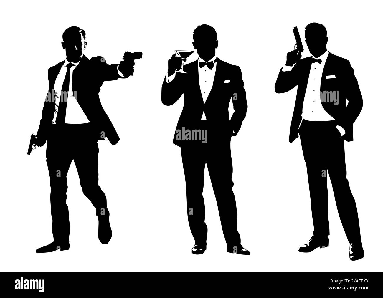 Silhouettes d'hommes élégants en costumes et avec un noeud papillon avec un pistolet dans leur main sur un fond blanc. Illustration sur le thème de Bond d'un tireur Illustration de Vecteur