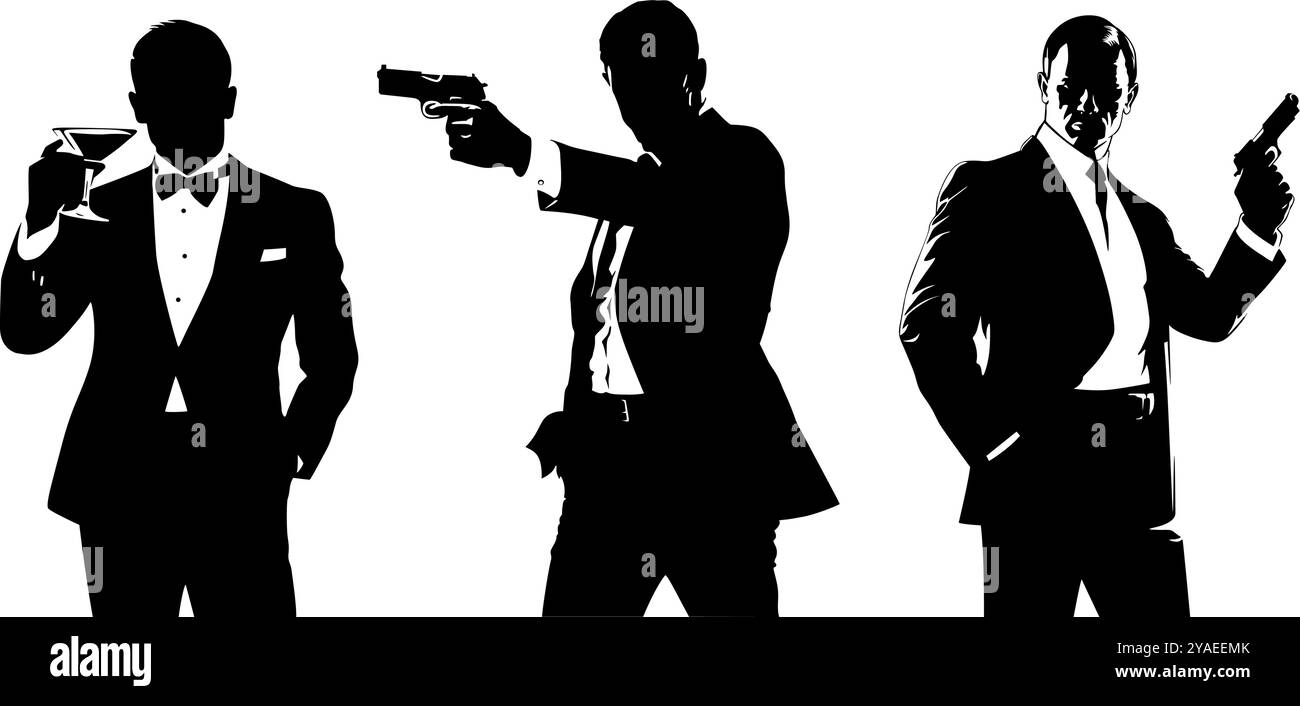Silhouettes d'hommes élégants en costumes et avec un noeud papillon avec un pistolet dans leur main sur un fond blanc. Illustration sur le thème de Bond d'un tireur Illustration de Vecteur