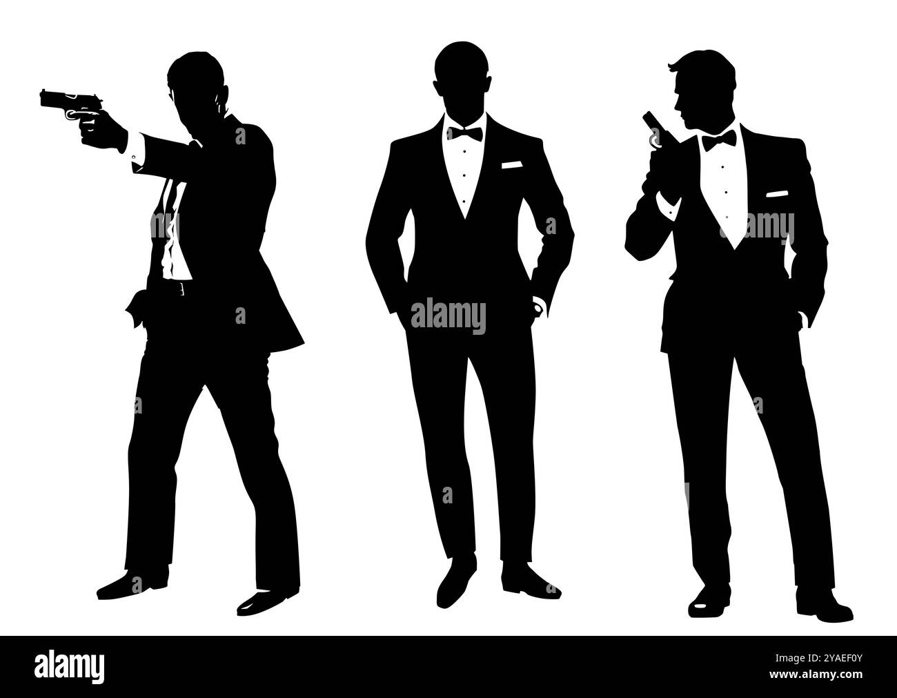 Silhouettes d'hommes élégants en costumes et avec un noeud papillon avec un pistolet dans leur main sur un fond blanc. Illustration sur le thème de Bond d'un tireur Illustration de Vecteur