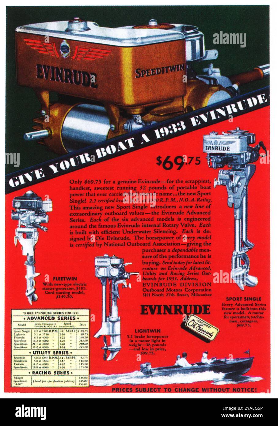 1933 Evinrude Boat Motors annonce Banque D'Images