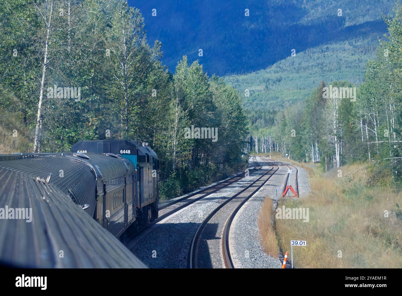 Vue depuis la voiture d'observation du train 'The Skeena' entre Jasper et Prince Rupert en Colombie Britannique, Canada Banque D'Images