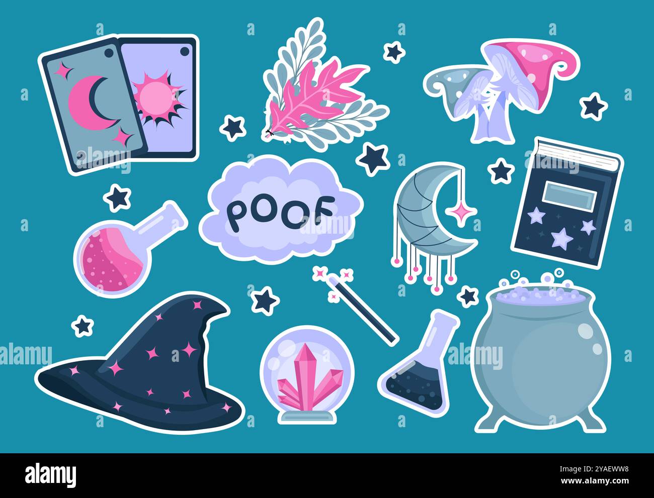 Jeu d'autocollants Magic Stuff. Chapeau de sorcière, cartes magiques, chaudron et champignons. Sorcellerie et sorcellerie. Ésotérique, imagination et fantaisie. Vecteur plat Illustration de Vecteur