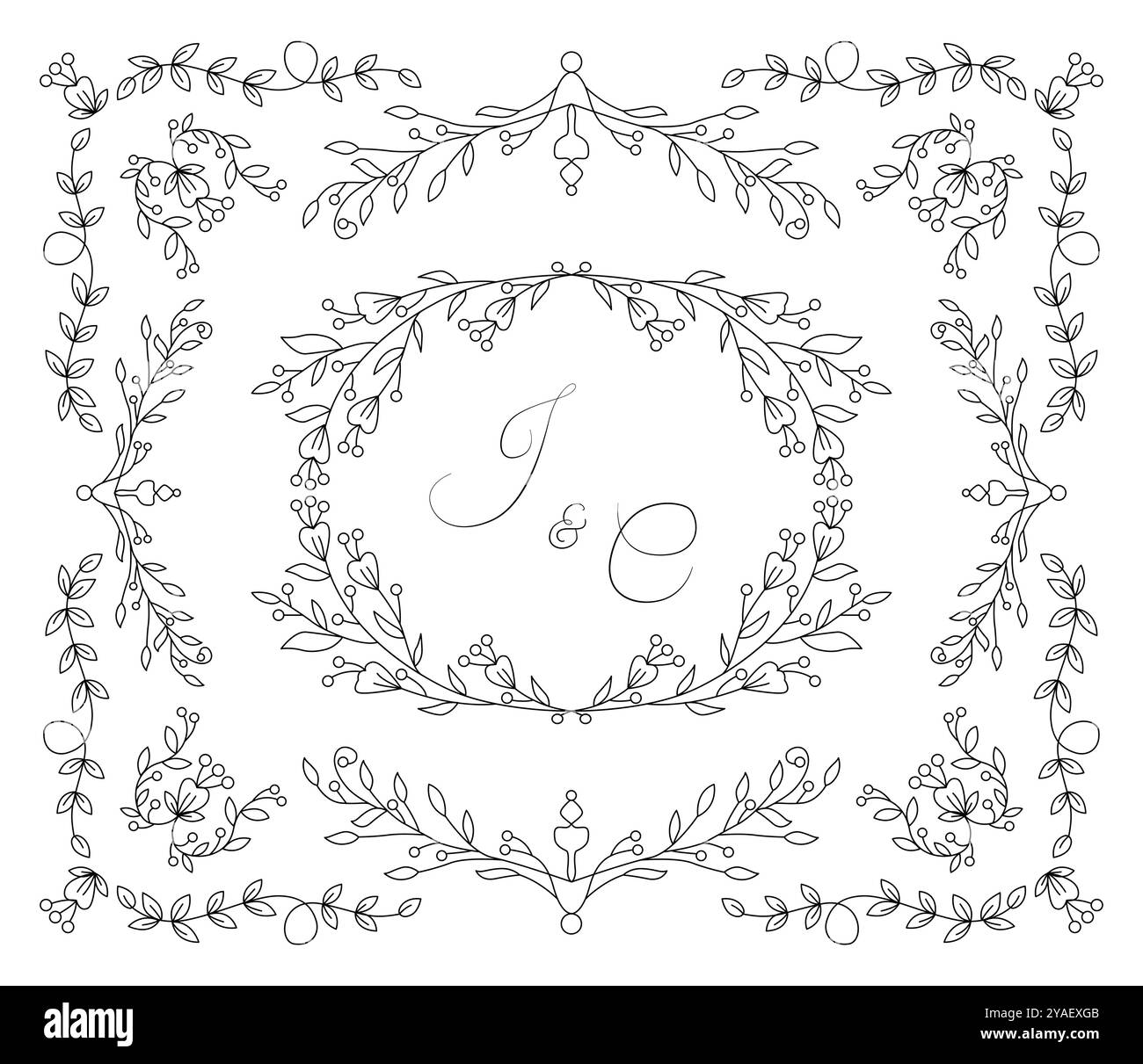Ornement album mariage. Branches avec feuilles. Placer pour le texte. Bordure, cadre et vignette. Esthétique et élégance. Amour et romance. Vecteur linéaire Illustration de Vecteur