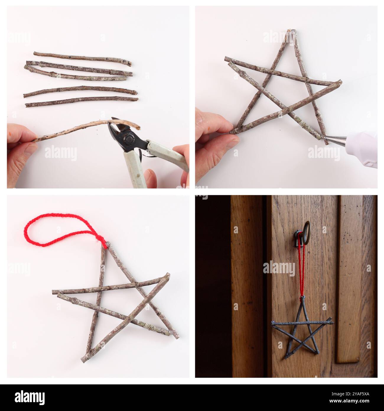 Tutoriel étape par étape pour faire un ornement étoile avec des bâtons en bois et de la colle chaude. Collage de photographie artisanale avec des instructions pour le décorati de vacances DIY Banque D'Images