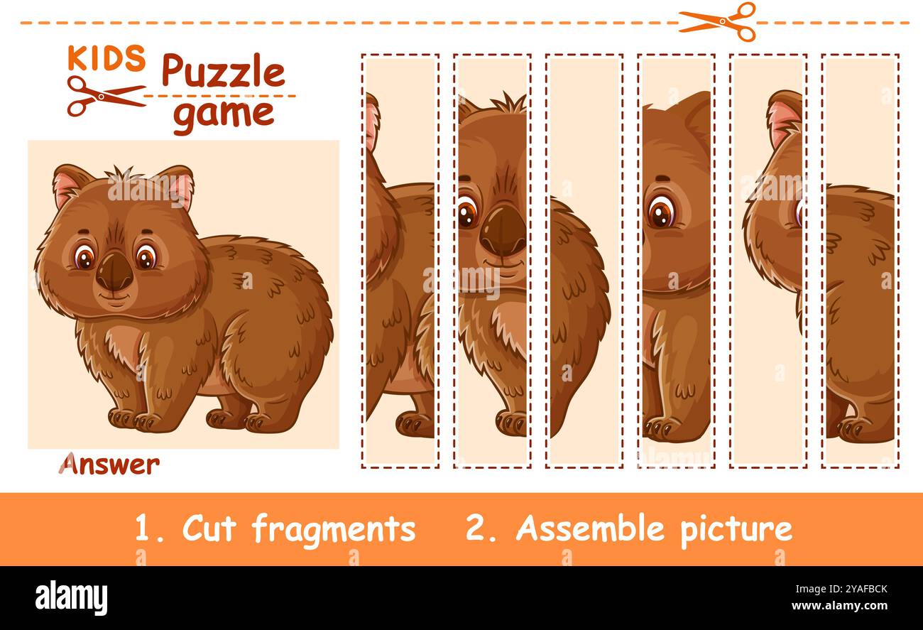 Mignon ours wombat animal sauvage australien, jeu de puzzle de l'éducation des enfants. Couper la pièce d'image vombatus. Feuille de travail du livre d'apprentissage logique pour enfants Illustration de Vecteur