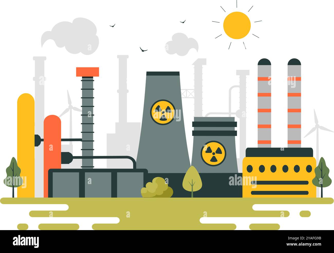 Ressources énergétiques naturelles non renouvelables illustration vectorielle présentant des combustibles nucléaires, pétroliers, pétroliers, gaziers et charbonniers dans un arrière-plan de style plat Illustration de Vecteur