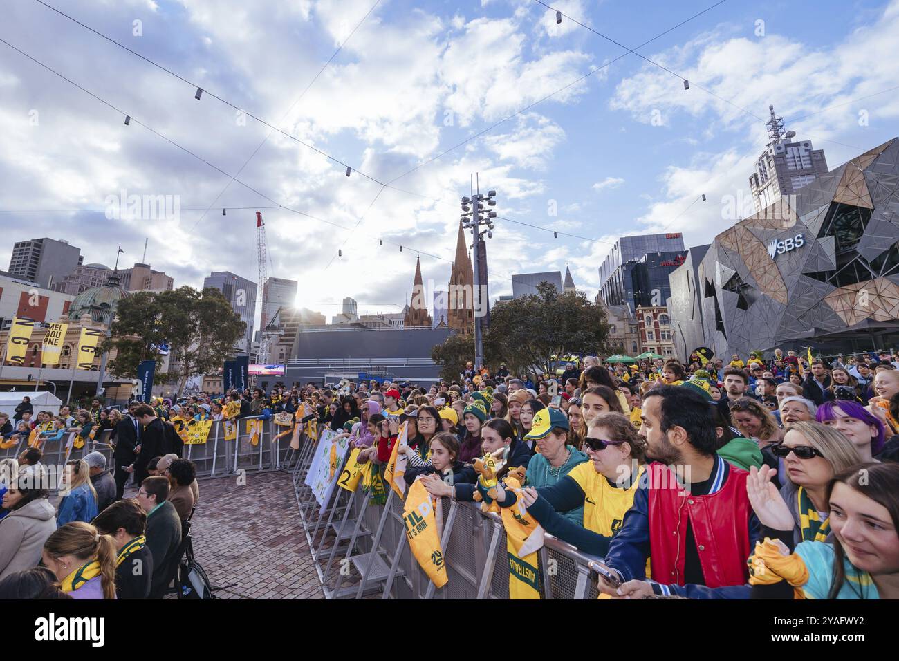 MELBOURNE, AUSTRALIE, 11 JUILLET : annonce et présentation des fans à la Coupe du monde féminine australienne Commbank Matildas à Federation Square on Banque D'Images