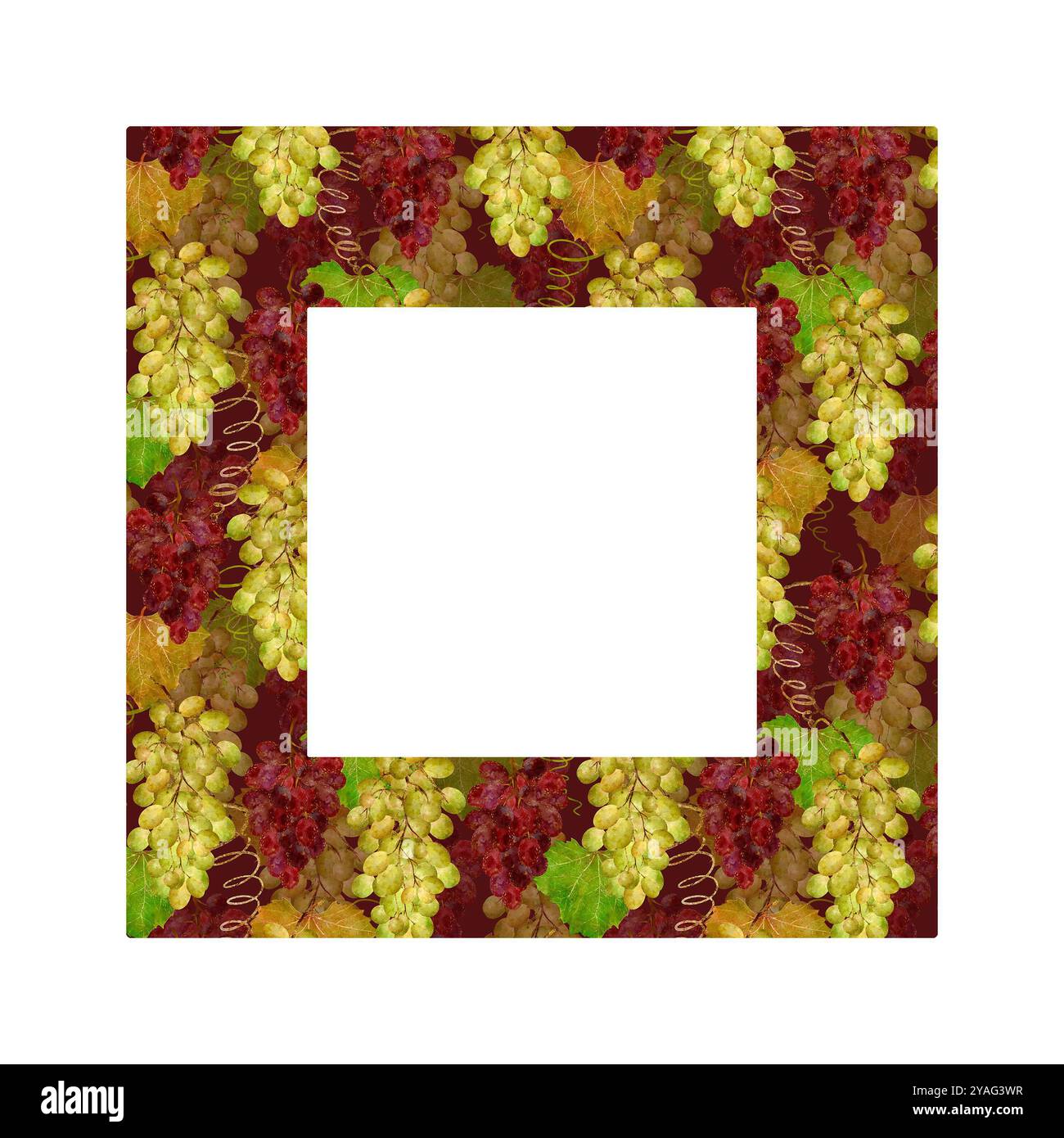 Cet élégant cadre photo magnifiquement orné de raisins colorés est parfait pour afficher vos souvenirs chers. Cadre isolé sur fond blanc pour la conception d'un livret, flyer, sites Web, articles, e-pack, étiquette ou publicité. Art numérique dans le style aquarelle. Banque D'Images