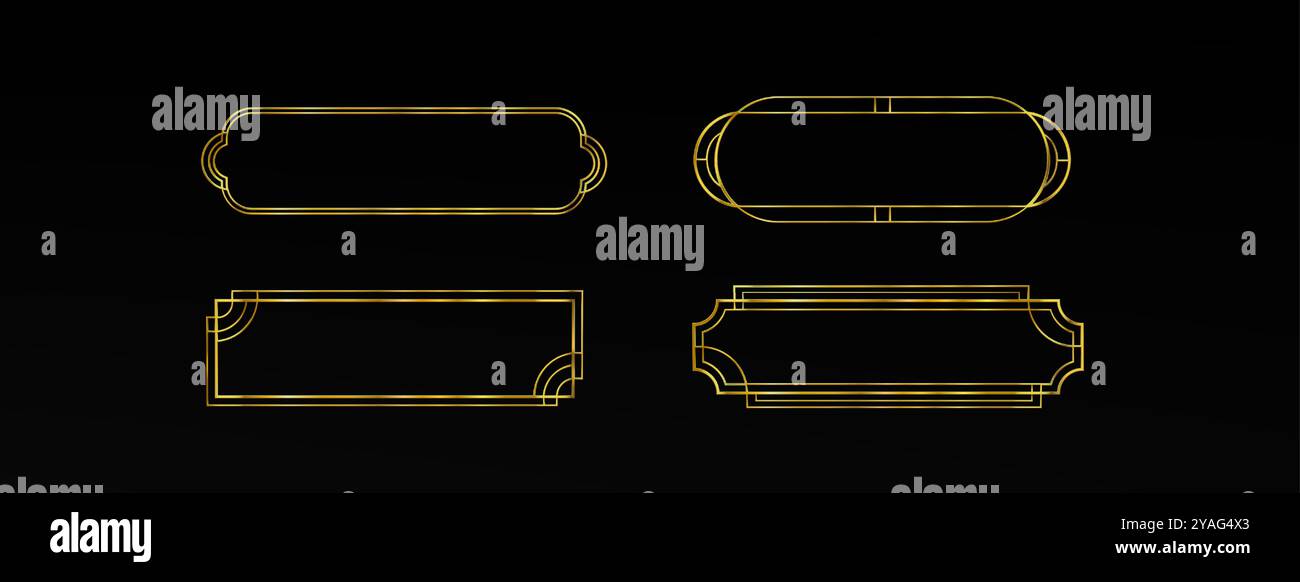 Bouton long de l'interface utilisateur de jeu avec cadre doré mince. Bordure médiévale rectangulaire avec ornement en métal doré pour la conception du titre et du menu. ensemble vectoriel 3d de panneau de signe de texte vintage de luxe avec des éléments art déco. Illustration de Vecteur