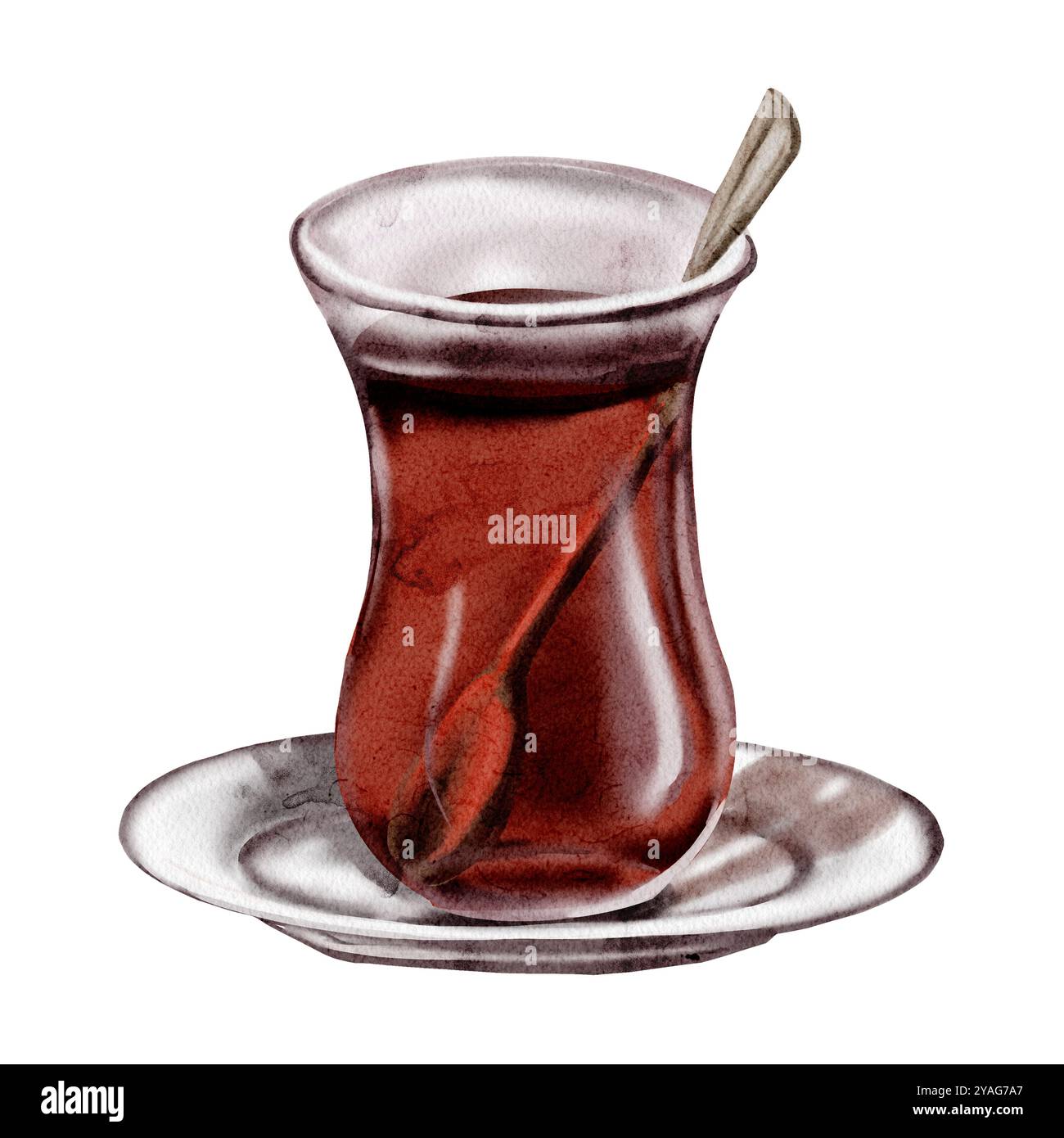 Thé turc. verres en verre. Avec soucoupe et cuillère à café. Traditions de la Turquie. Illustration couleur. Illustration aquarelle. Aucun arrière-plan Banque D'Images