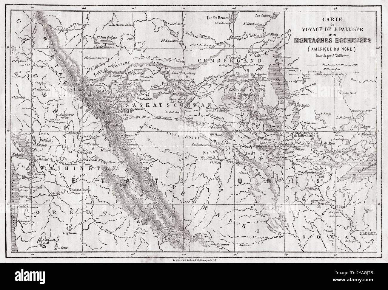 Carte montrant la route empruntée par le capitaine John Palliser au cours de son expédition d'exploration de l'Amérique du Nord britannique, 1857 - 1861. Extrait du Tour du monde, paru à Paris, 1860. Banque D'Images