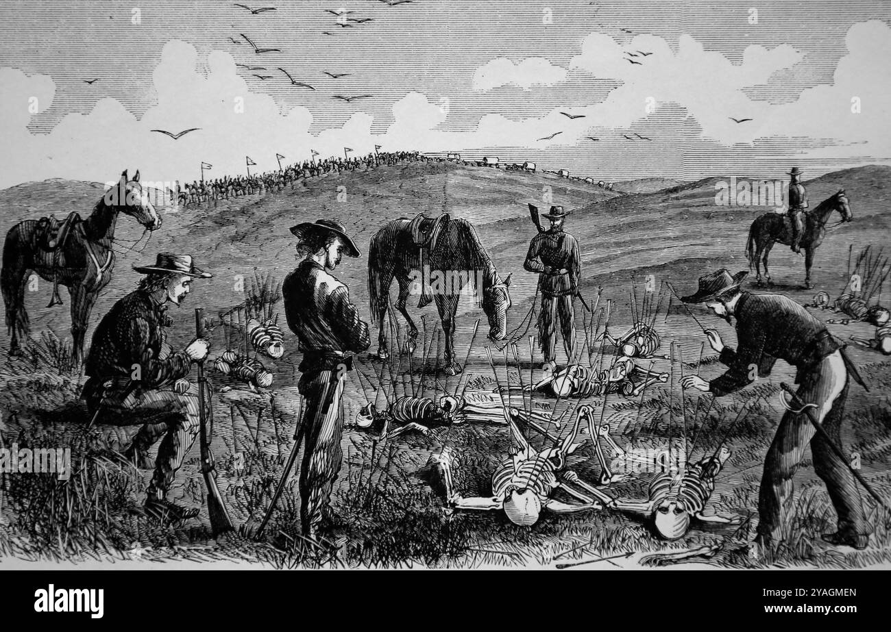 Massacre de Kidder, 2 juillet 1867. Découverte les restes du lieutenant Kidder et de dix de ses hommes. Gravure de Theodore R. Davis. Harper's Weekly, 1867. Banque D'Images