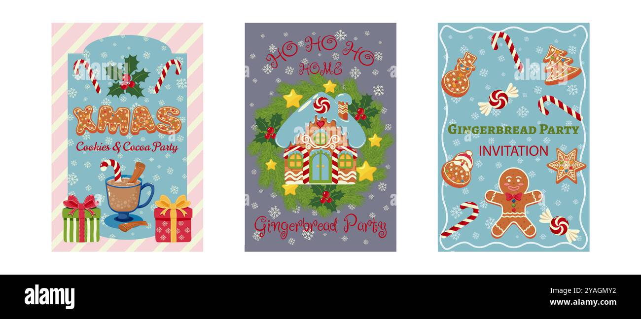 Ensemble de trois invitations de fêtes de Noël avec biscuits, cacao, canne à sucre et pains d'épices. Conception pour carte de vœux, invitation et pos Illustration de Vecteur