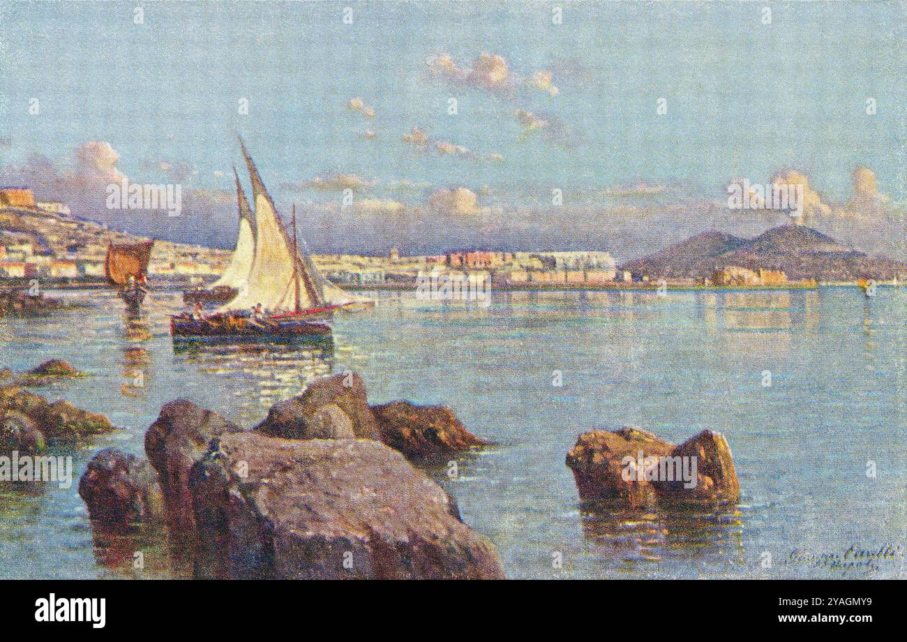 Carte postale italienne illustrée vintage de la baie de Naples de Margellina, avec le Vésuve en arrière-plan. Banque D'Images