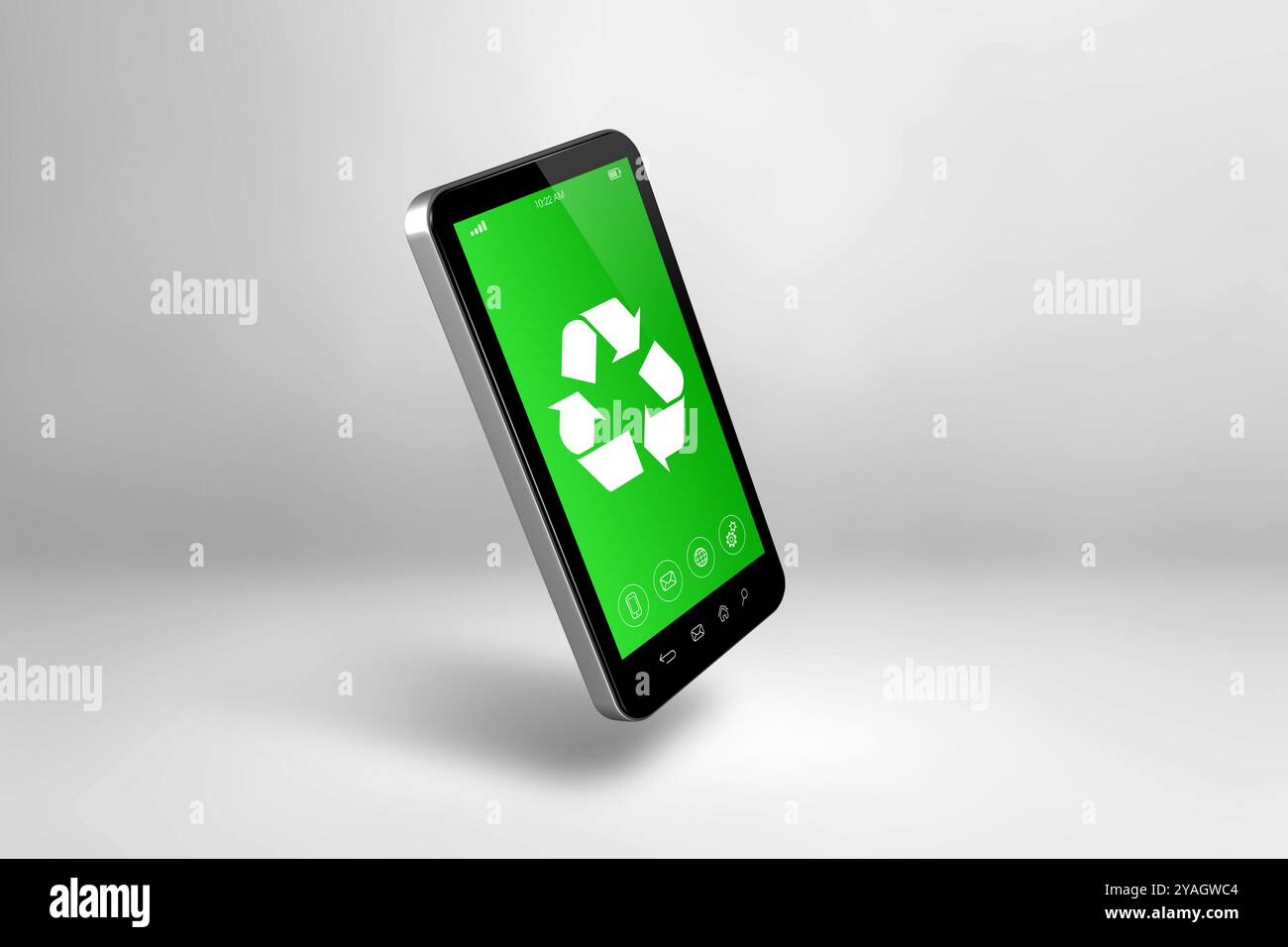 Smartphone avec un symbole de recyclage sur l'écran. concept de conservation de l'environnement. Illustration 3D isolée sur fond blanc Banque D'Images