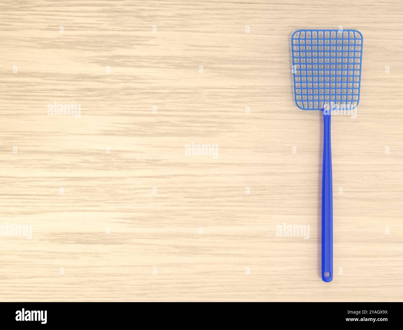 Tapette de mouche en plastique bleu sur une table en bois, vue de dessus Banque D'Images