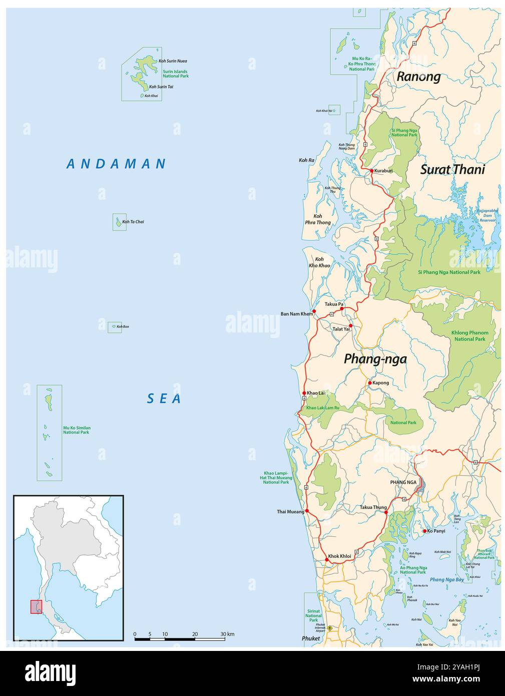 Carte routière de la région thaïlandaise de Phang nga Banque D'Images