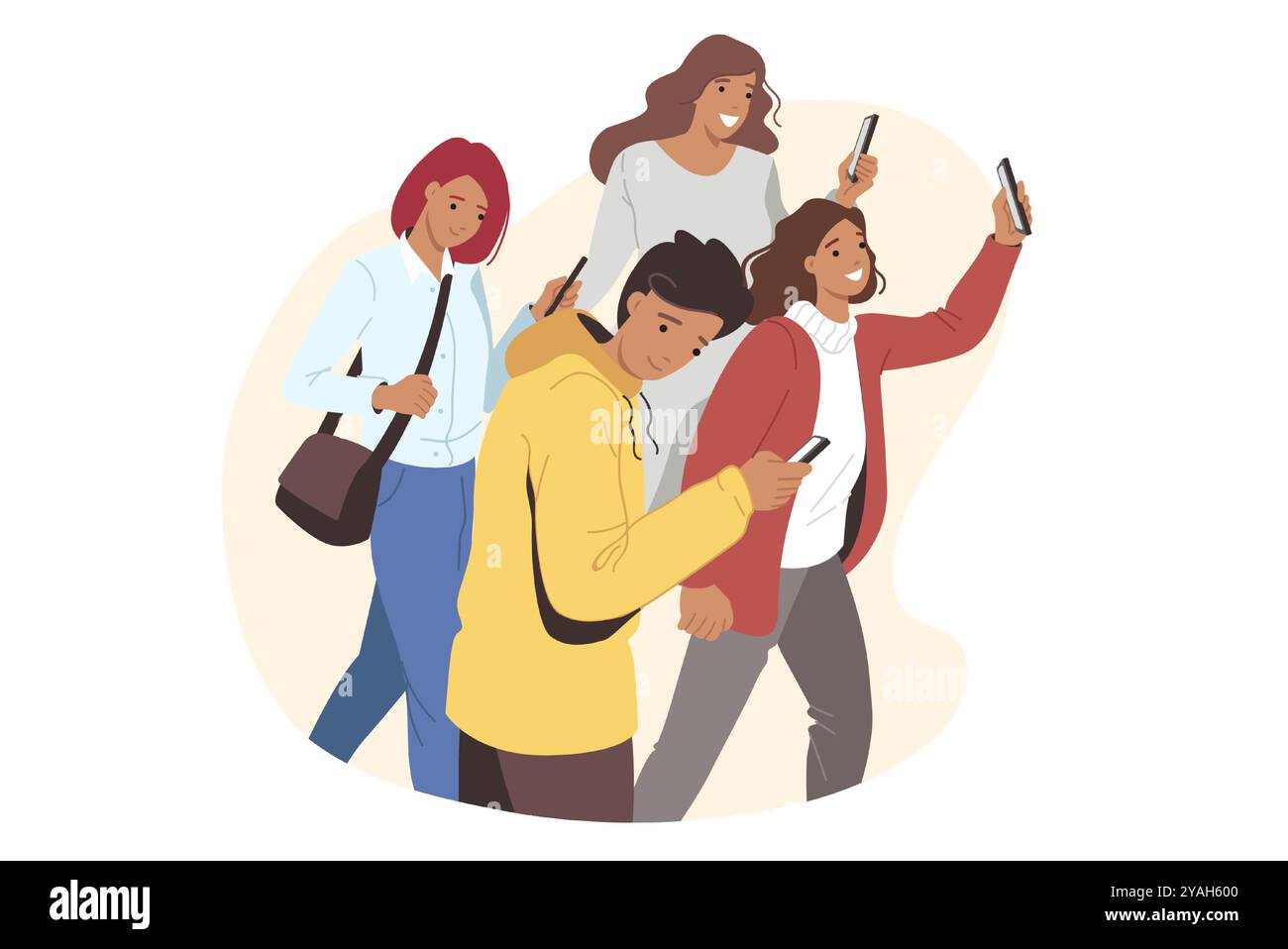 Les téléphones portables sont entre les mains des gens qui marchent utilisent des gadgets sur le pouce et risquent de trébucher Illustration de Vecteur