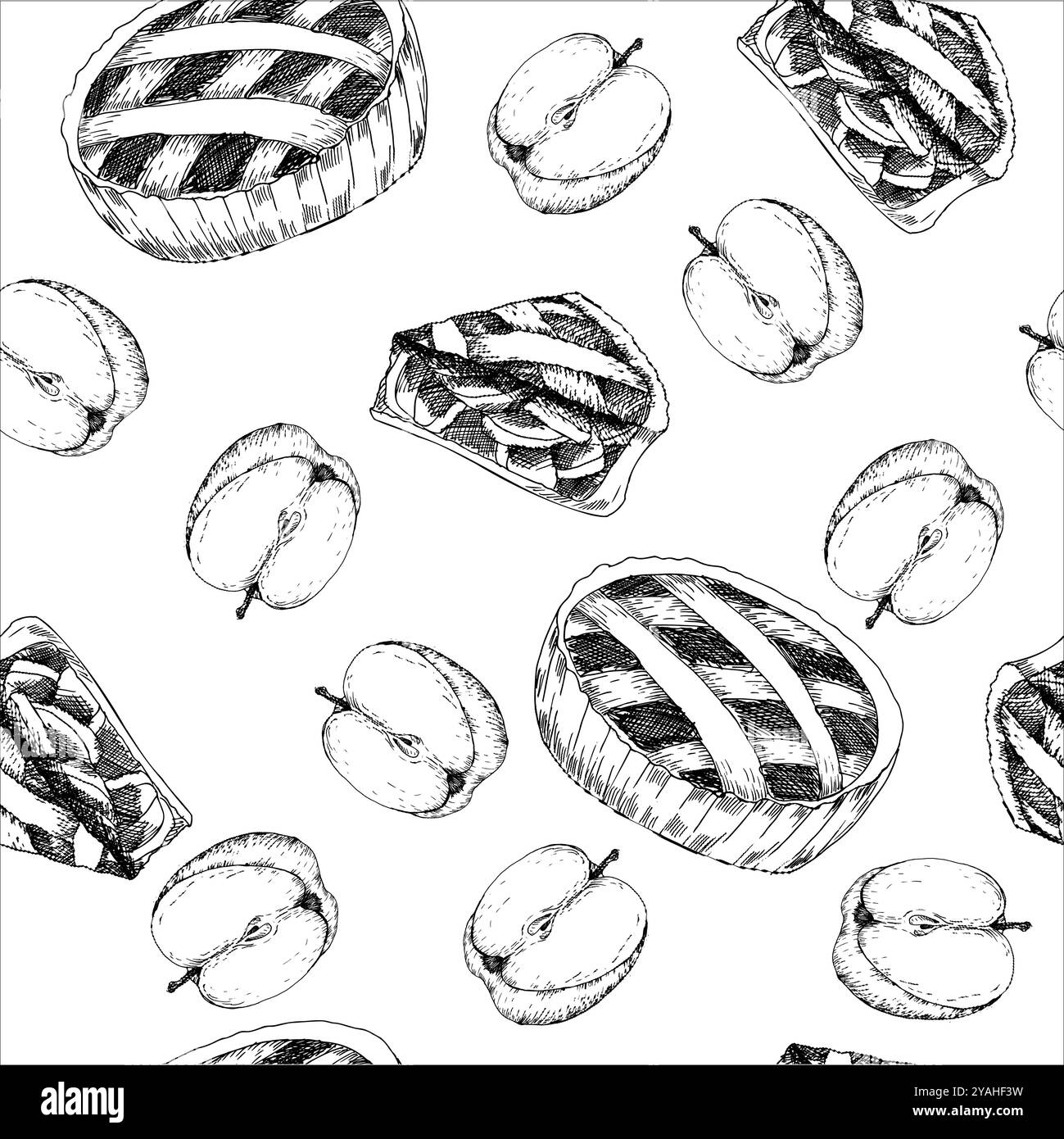 Tranches de tarte aux pommes et morceaux de pomme frais dessinés à la main à l'encre sans couture motif. Illustration de nourriture dessinée à la main, restaurant sucré du festival d'action de grâces d'automne. Backg Illustration de Vecteur