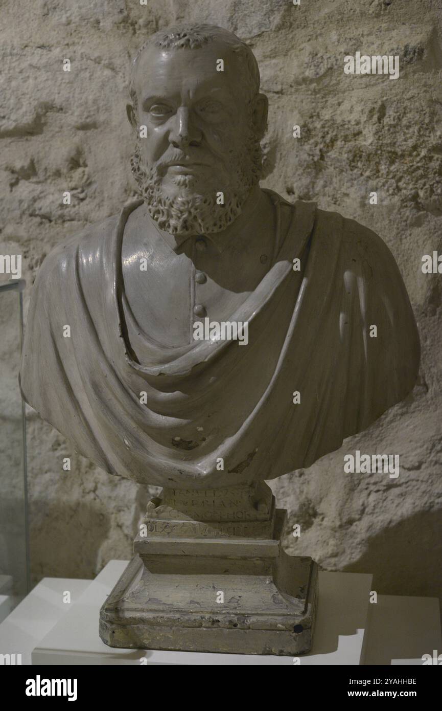 Janello Turriano (Gianello della Torre) (1501-1585) Horloger italien, ingénieur et mathématicien. Horloger de la Cour à l'époque de Charles Ier nommé Grand mathématicien du Royaume par Philippe Ier Bust. Moulage en plâtre de l'original par Leone Leoni (1509-1590). Milieu du XIXe siècle. Musée de l'armée. Tolède, Espagne. Banque D'Images