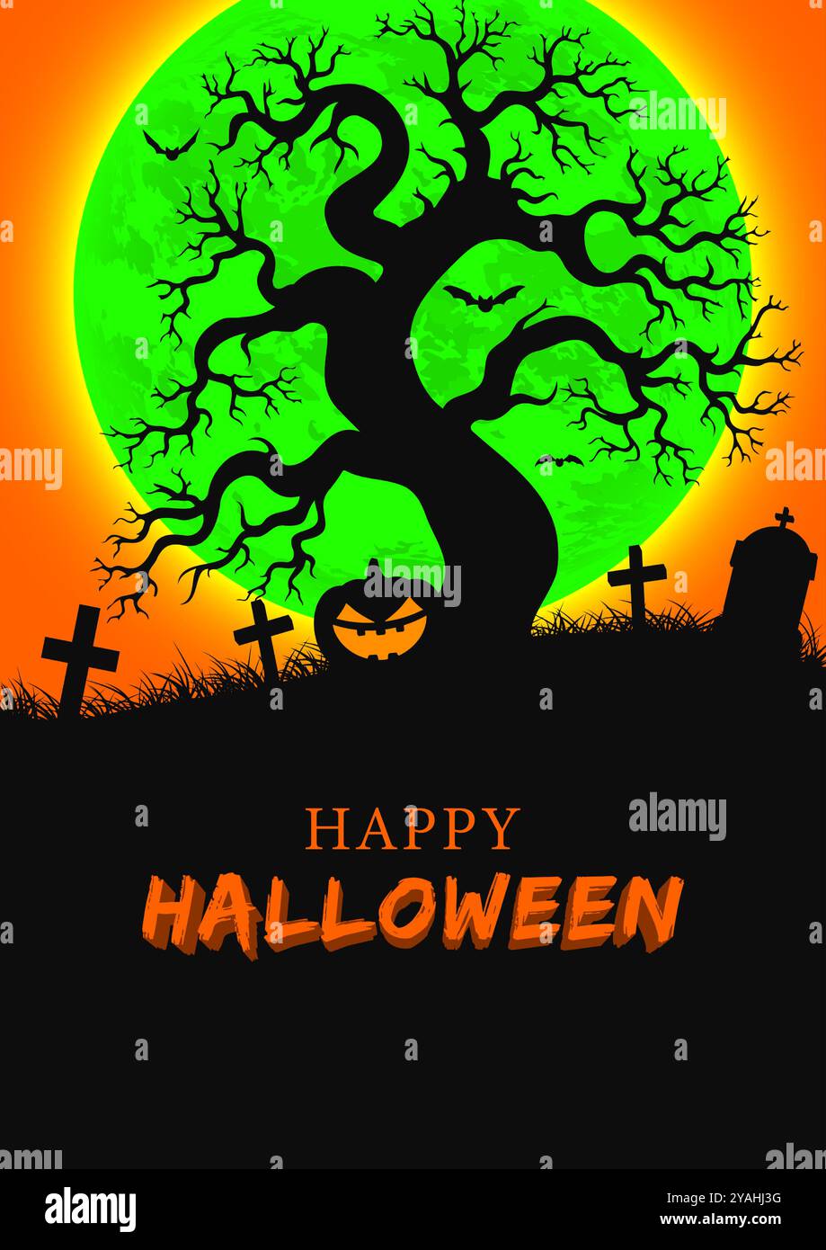 Bonne bannière d'Halloween. Dépliant de soirée d'Halloween. Cimetière effrayant la nuit. Illustration vectorielle EPS10 Illustration de Vecteur