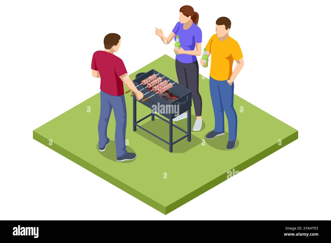 Scène de barbecue isométrique mettant en scène un grill avec diverses viandes et légumes cuisant sur une flamme nue. La configuration capture l'essence du barbecue en plein air Illustration de Vecteur