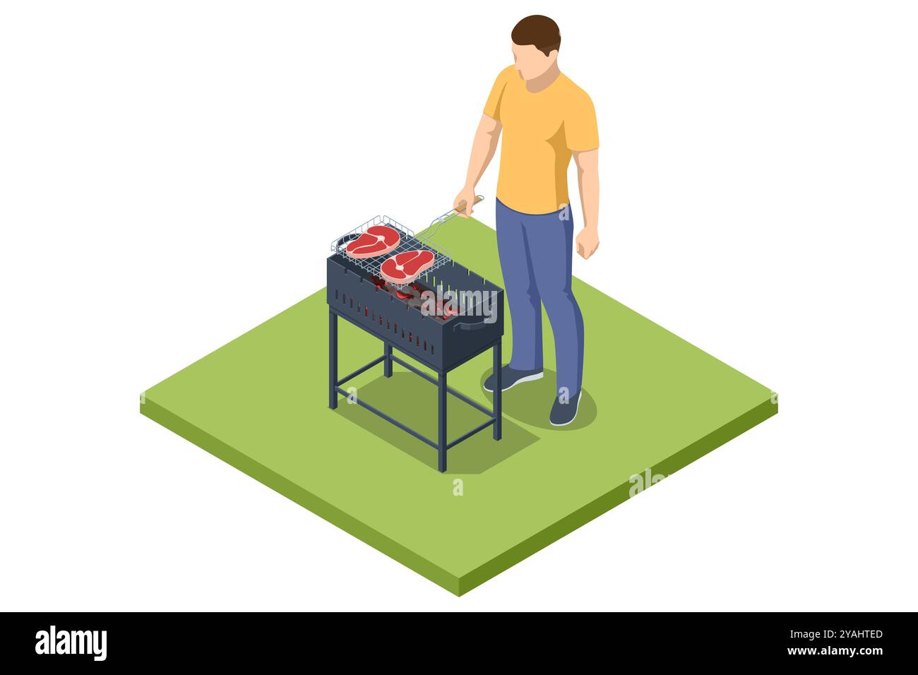 Scène de barbecue isométrique mettant en scène un grill avec diverses viandes et légumes cuisant sur une flamme nue. La configuration capture l'essence du barbecue en plein air Illustration de Vecteur