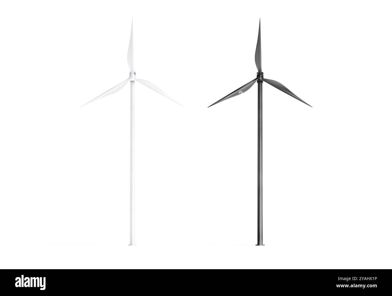 Maquette vierge d'éolienne noir et blanc, vue de face, rendu 3D. Moulin vide pour production d'énergie durable maquette, isolé. Gène global clair Banque D'Images