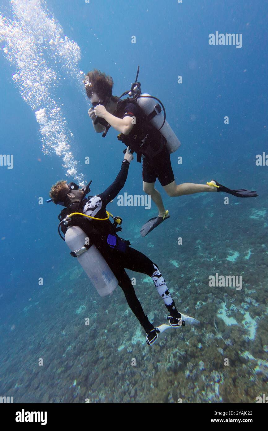 10.11.2023, Indonésie, Lombok, Gili Trawangan - hommes en cours de plongée dans la mer. 00S231110D397CAROEX.JPG [AUTORISATION DU MODÈLE : NON, AUTORISATION DU PROPRIÉTAIRE : NON (C Banque D'Images
