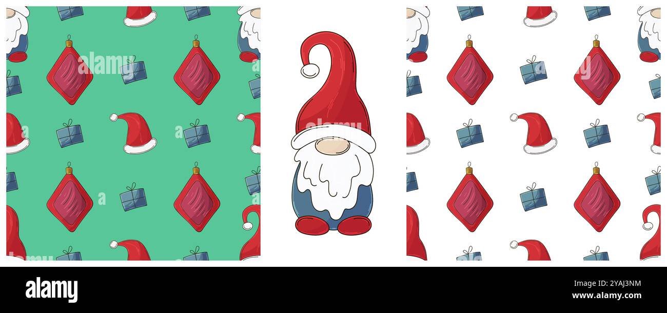Vacances du nouvel an. Définissez des motifs sans couture dans le style de dessin à la main. Gnomes de Noël, jouets. Peut être utilisé pour le tissu, l'emballage, l'emballage et etc Illustration de Vecteur