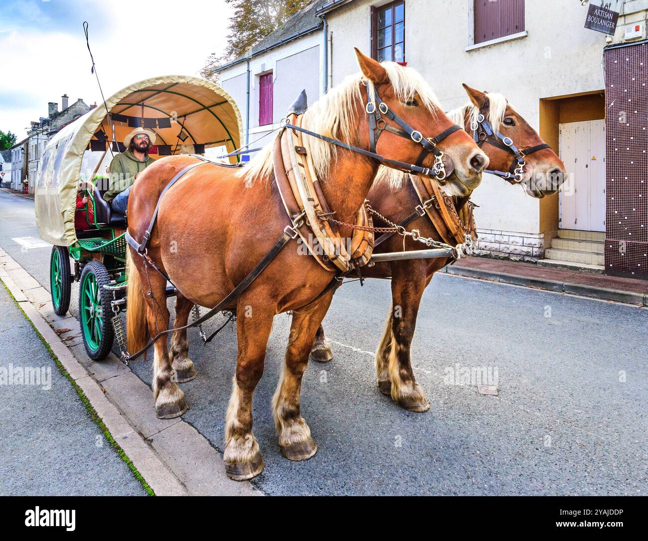 Deux chevaux de trait comtois et caravane tzigane emmenant des enfants en voyage - le petit-Pressigny, Indre-et-Loire (37), France. Banque D'Images