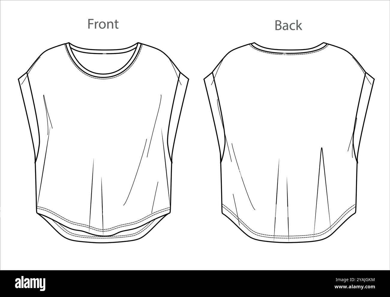 Vecteur col rond top mode CAD, femme Droped épaule t shirt dessin technique, haut à manches courtes plat, modèle, croquis. Jersey ou tissu tissé Illustration de Vecteur