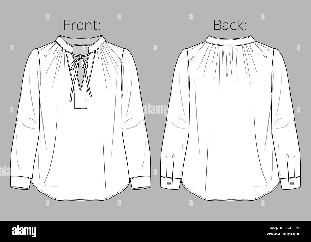 Chemisier femme à col rond avec détail de rassemblement CAD mode, chemise de base à manches longues avec croquis d'arc, dessin technique, plat, modèle. Jersey ou Wove Illustration de Vecteur