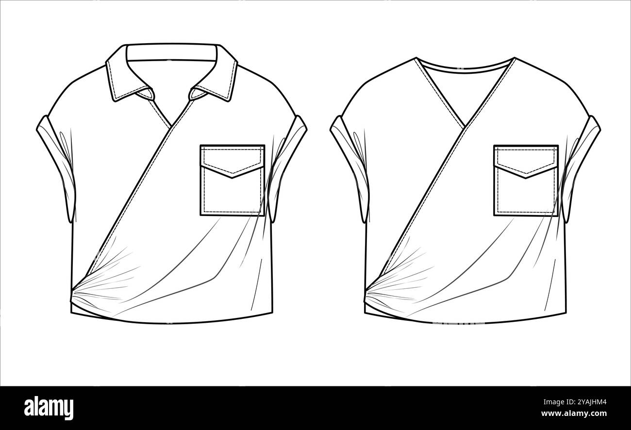 T-shirt Vector Drop épaule avec poche mode CAD, dessin technique de chemise de récolte sans manches femme, croquis, modèle, plat, maquette. Jersey ou tissé f Illustration de Vecteur